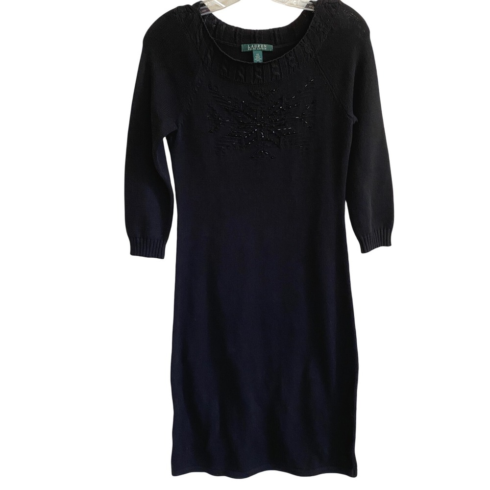 Lauren Ralph Lauren Vintage Sweater Dress Knit Beaded Detail 3/4 Sleeve- XS EUC